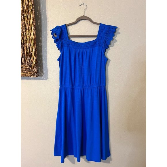 Talbots Dress M Medium Cobalt Blue Stretch Eyelet Slub Cotton Square Neck NEW - Picture 8 of 11